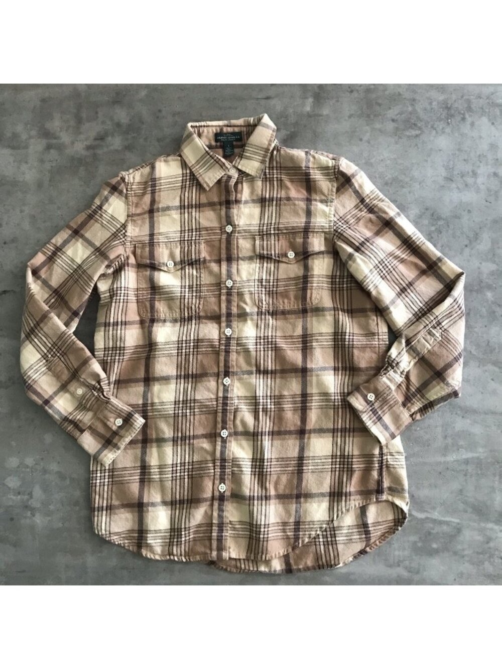 Lauren Ralph Lauren Flannel Shirt Women Small Button Cream Brown Fall Equestrian